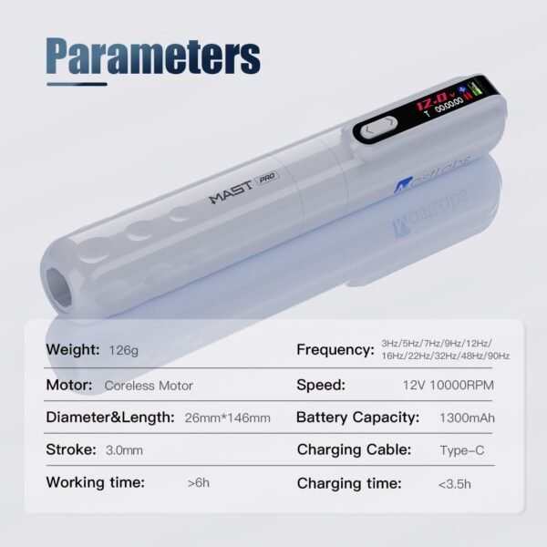 Mast Y22 Pro Pmu Tattoo Machine Gun , Wireless Tattoo Pen, 3.0mm Stroke, 2 Modes Working,1300mAh Battery Torque Motor